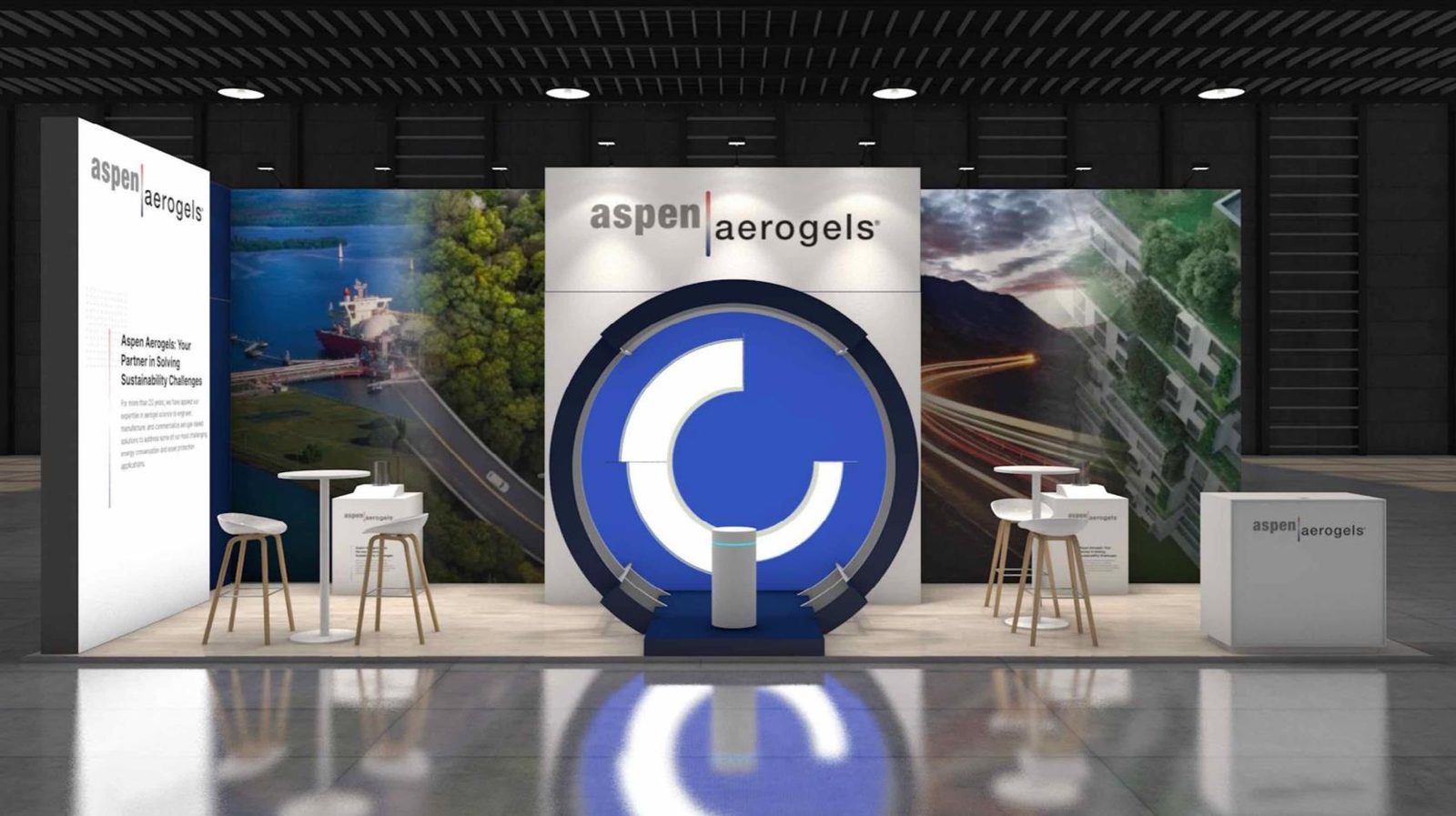 Render of the Aspen Aerogels stand with the circular feature wall