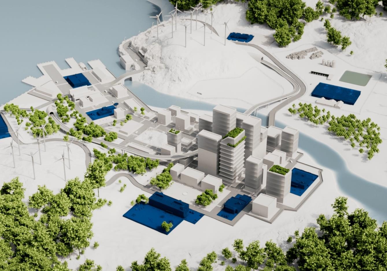 Turntide City, a white architectural city model with highlighted buildings